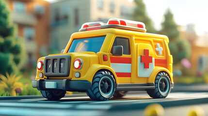 Yellow Toy Ambulance on Asphalt Road with Trees and Residential Buildings in Background