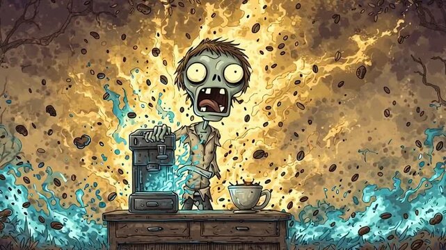 Cartoon Zombie Making Coffee in Explosive Chaos