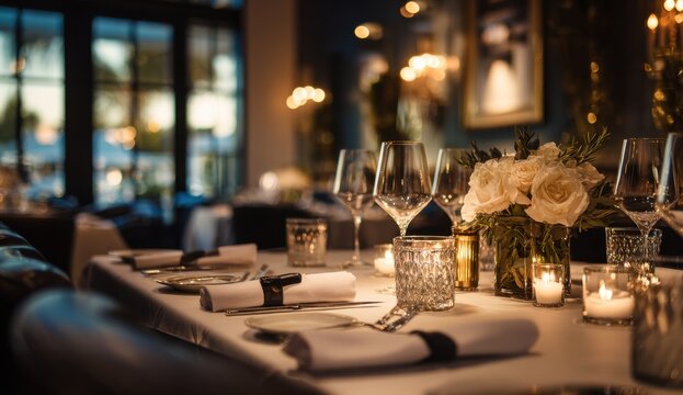 Elegantly arranged dinner table with delicate floral centerpiece and soft candlelight creates a warm and inviting atmosphere for a special occasion.