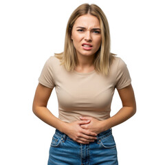 Fototapeta premium Young woman experiencing stomach pain isolated on transparent background