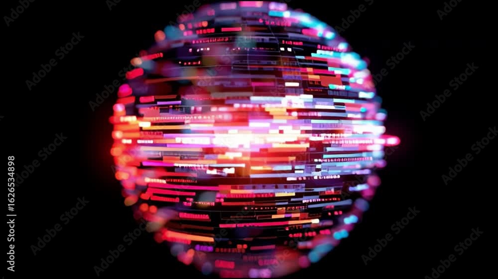 Poster futuristic abstract glitch digital sphere with vibrant big data visualization. dynamic orb on black 