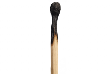 Burnt matchstick with transparent background showing fragility and end of an era