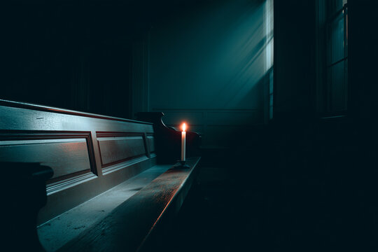Darkened church interior with a candle on a wooden bench