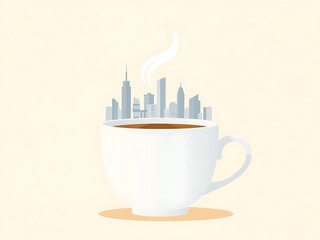 Obraz premium Flat vector illustration of a coffee cup with steam rising as a city skyline silhouette — modern urban morning concept symbolizing energy, productivity, and city life inspiration