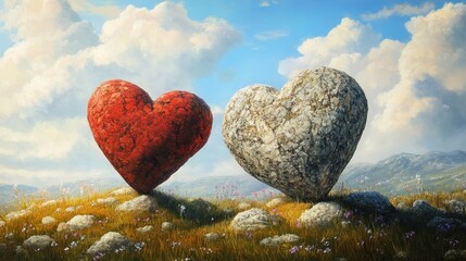 Heart Shaped Rocks in a Grassy Field Landscape