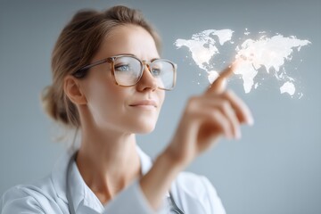 Doctor using global network interface, pointing at world map for telemedicine innovation and healthcare solutions