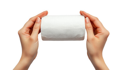 Person holding a toilet roll paper isolated on PNG white background.