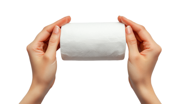 Person holding a toilet roll paper isolated on PNG white background. - Powered by Adobe
