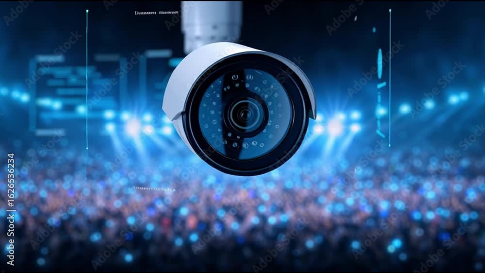 Poster futuristic security surveillance camera system monitoring large crowd with advanced technology. watc