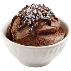 Chocolate ice cream in a bowl, drizzled with chocolate sauce and sprinkled with coconut flakes