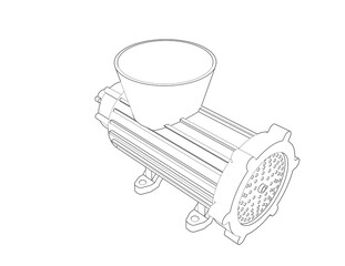 Meat Grinder Machine Wireframe Blueprint: Industrial Food Mincer and Sausage Maker Technical Drawing, Simple Line Art Outline Illustration for Kitchen Appliance and Commercial Use Schematic Diagram