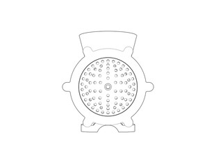 Technical Drawing of Meat Grinder: Wireframe Outline Illustration for Engineering Blueprints and Product Development - Monochrome Line Art for Industrial Design Concepts and Kitchen Appliances.