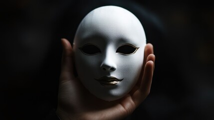 Hand Holding a White Venetian Mask Against Dark Backdrop