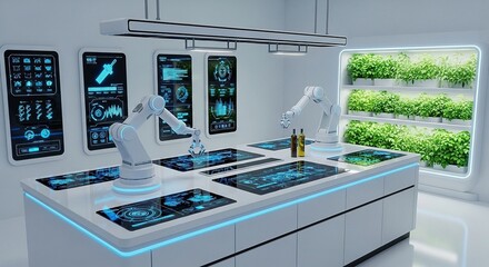 Futuristic Kitchen with Robotic Arms and Vertical Garden, Smart Technology Concept
