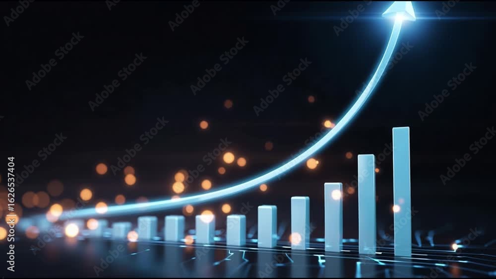 Poster financial data analysis on digital bar chart with glowing arrow symbolizing growth and progress. an 
