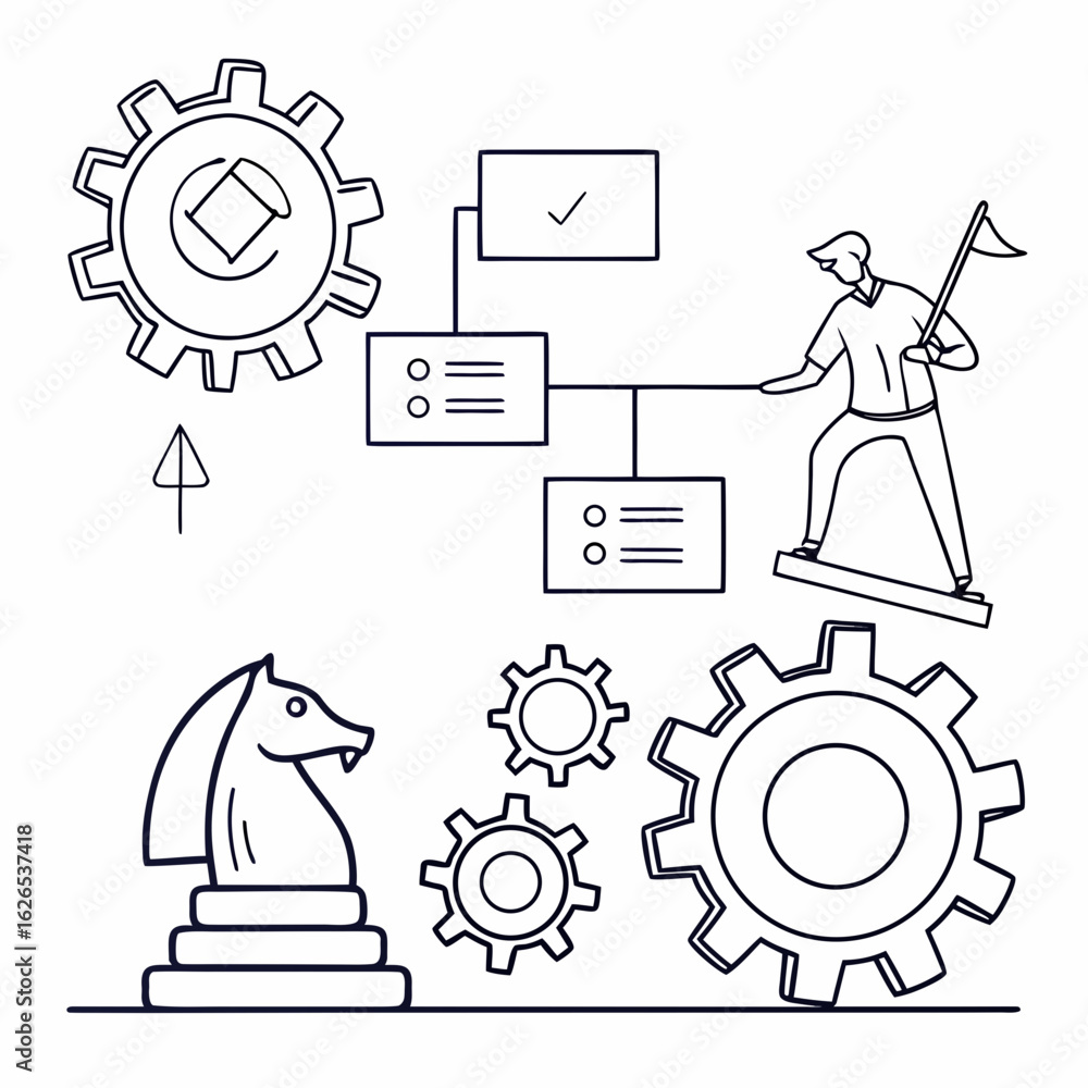 Poster business strategy and execution concept with gears chess knight flowchart and person holding flag