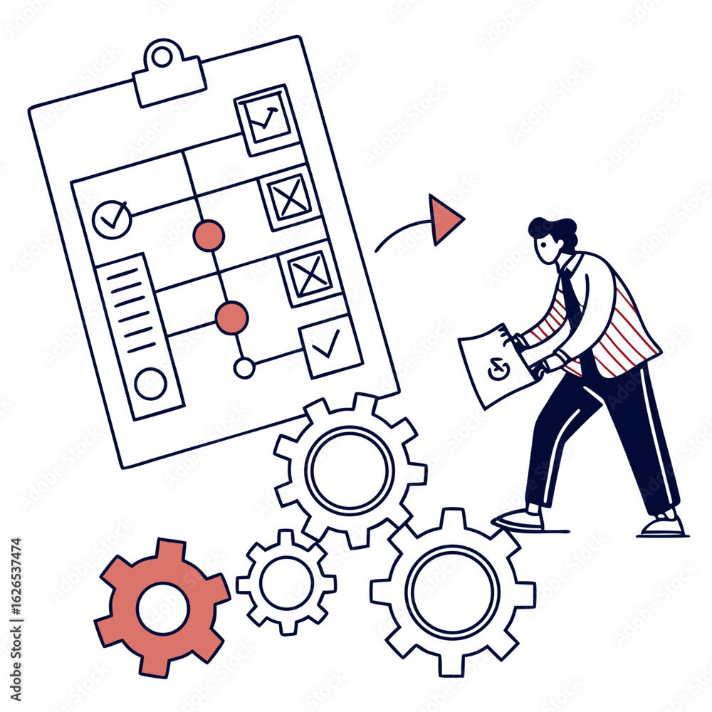 Poster businessman interacting with a project plan checklist and gears representing workflow and process