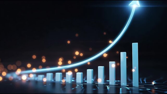Financial data analysis on digital bar chart with glowing arrow symbolizing growth and progress. An optimistic business graph demonstrating success, stock market increase, and profitable returns