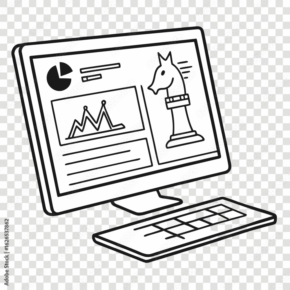 Poster computer screen displaying charts and a chess knight symbolizing strategic business planning and ana