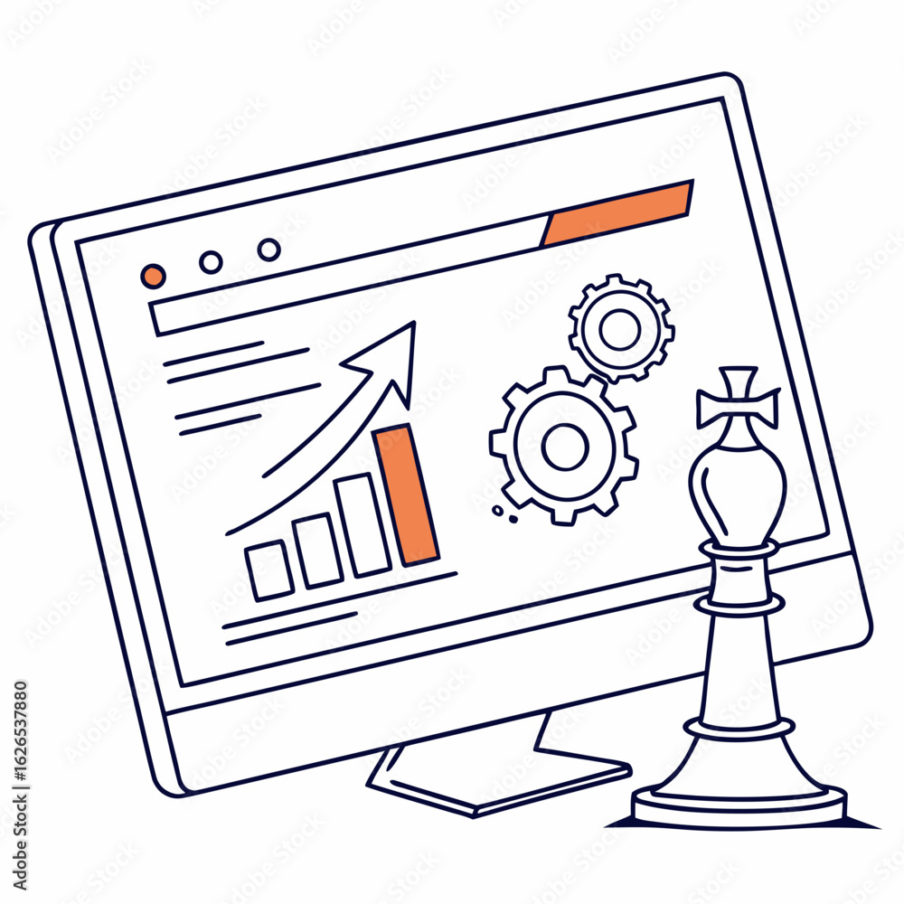Poster computer screen displaying upward trending graph with chess king and gears representing business str