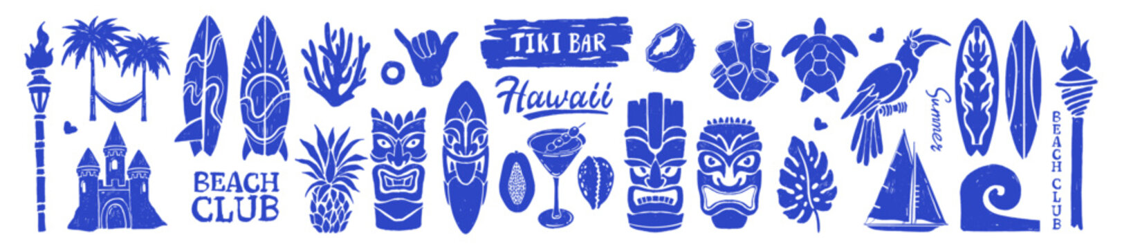Summer tiki bar mask set, hand drawn tropical beach object print, ocean surf symbol Polynesia stamp. Hawaii vacation totem logo, surfboard icon, exotic paradise travel silhouette. Tiki mask idol stamp