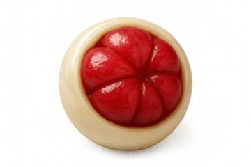 Delicious round candy with a creamy white exterior and a vibrant red fruit filling, isolated on a transparent background