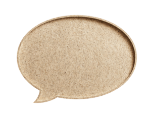 A light beige, textured, oval-shaped speech bubble
