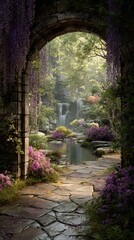 Obraz premium Garden arch with waterfalls and purple flowers, stone path leading into the distance, green plants on both sides, wet ground after rain, high-definition photography.