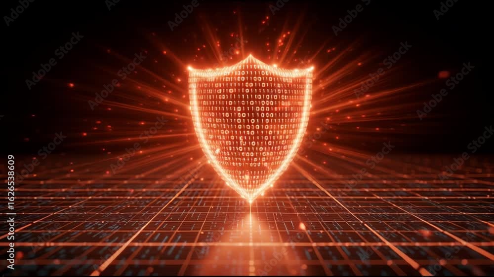 Poster abstract and futuristic network grid featuring glowing red shield icon. powerful symbol for cybersec