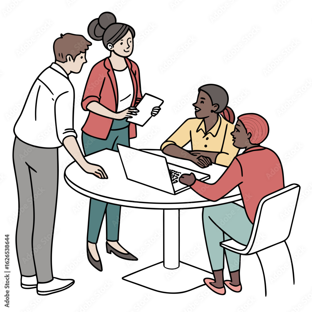 Poster diverse team collaborates around a table with a laptop and documents discussing business strategy