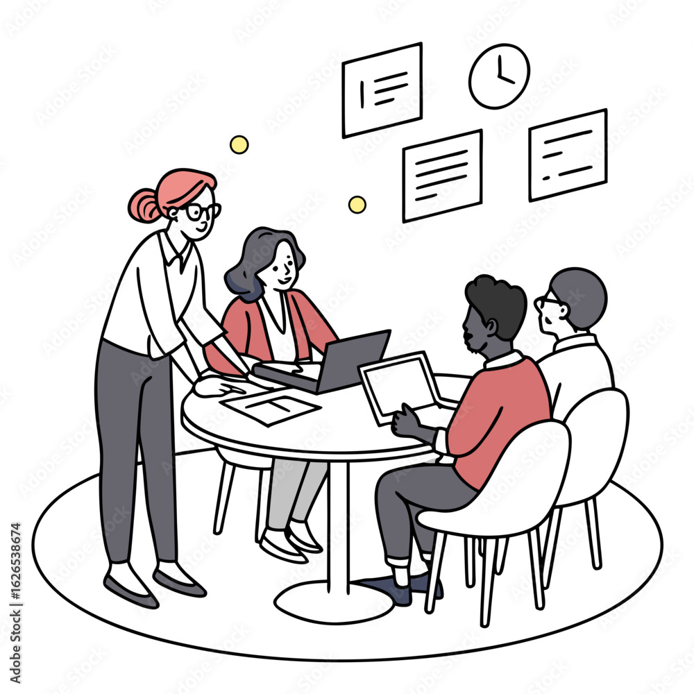Poster diverse team collaborating around a table with laptops and documents during a meeting