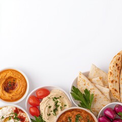 An assortment of colorful Middle Eastern dips and appetizers with pita bread, tomatoes, and parsley arranged on a clean white background creates a delicious scene.
