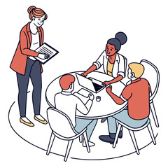 Diverse team collaborating around a table with a laptop and documents during a business meeting