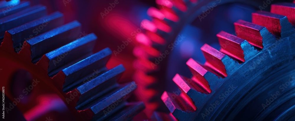 Poster interlocking metal gears bathed in vibrant blue and red light create a dynamic representation of mec