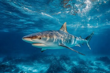 Fototapeta premium Tiger Shark Swimming Over Coral Reef Underwater Ocean Scene