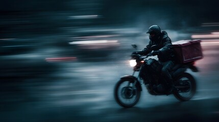 Motorcycle courier weaving through city traffic for urgent delivery