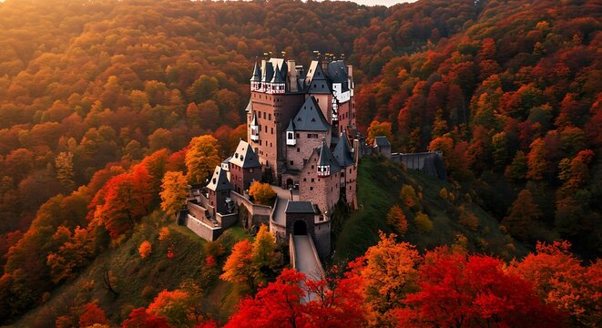Panorama of a Castle Surrounded by Red Leaves in Autumn Mountain Forest - Powered by Adobe