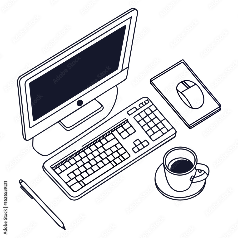 Aufkleber isometric illustration of a computer setup with a monitor keyboard mouse pen and coffee cup on a whi