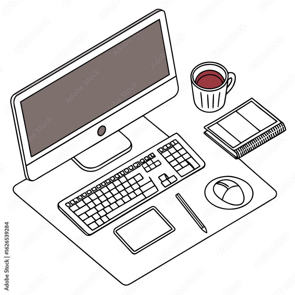Aufkleber isometric illustration of a modern computer setup with a keyboard mouse pen and coffee cup on a desk