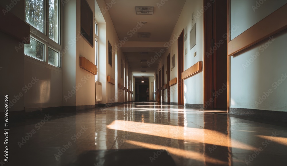 Poster light streams through illuminating a long, empty hallway with polished floors, creating a sense of d