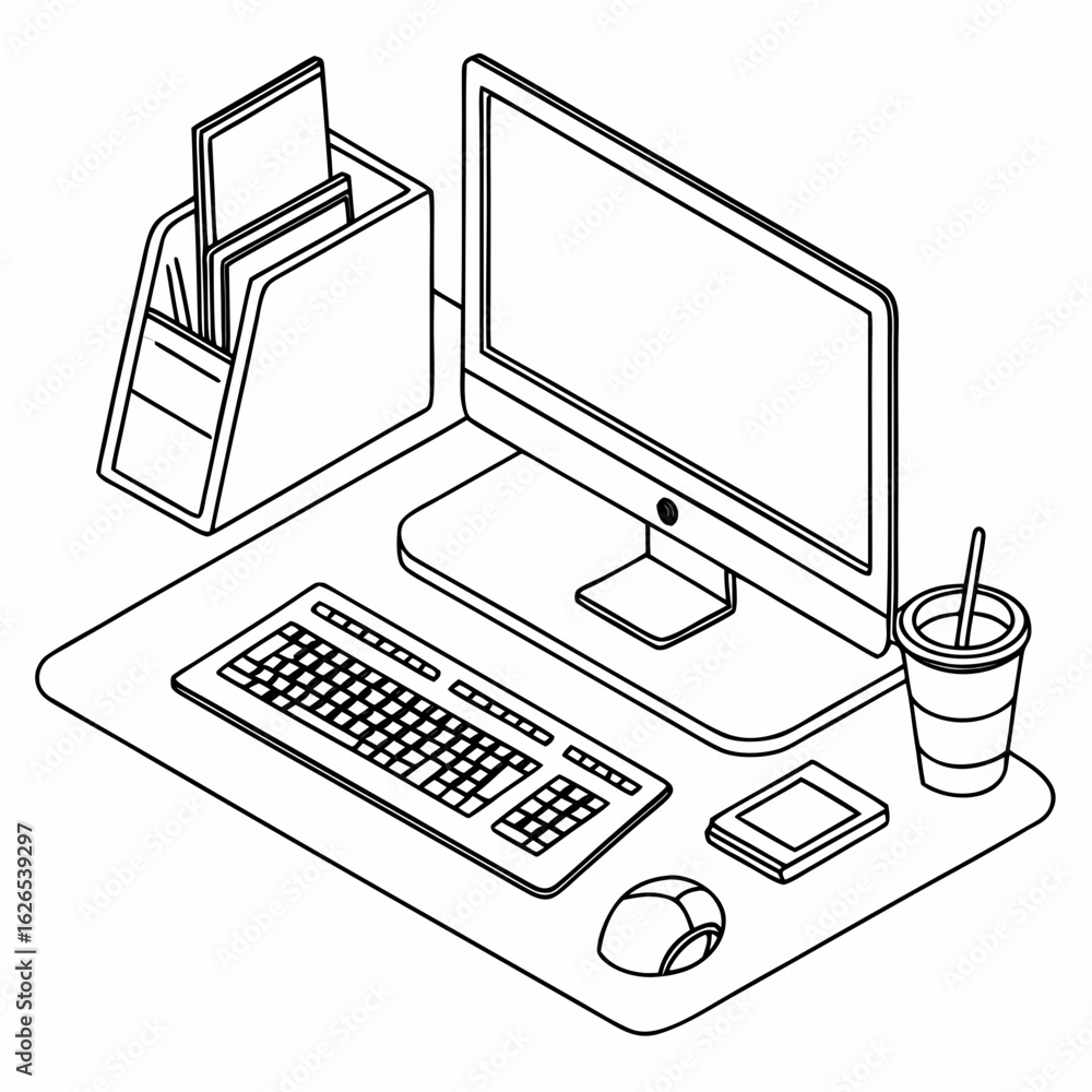 Aufkleber isometric line art illustration of a modern computer desk setup with monitor keyboard mouse and file