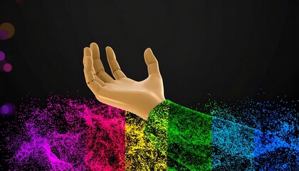 3D hand reaching out, rainbow particles