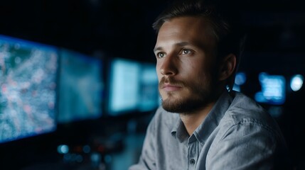 Logistics manager tracking shipments on multiple screens