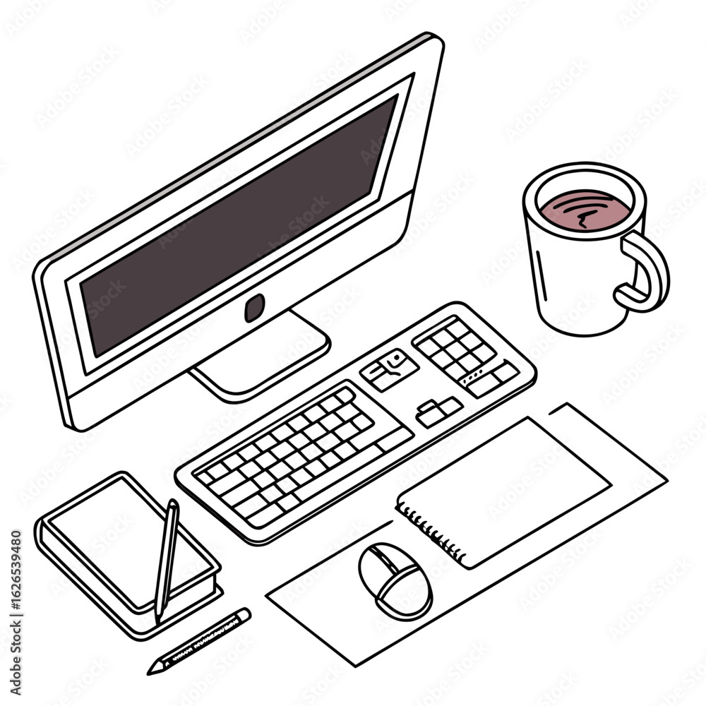 Aufkleber isometric view of a desk with a computer keyboard mouse notebook pencil and a cup of coffee