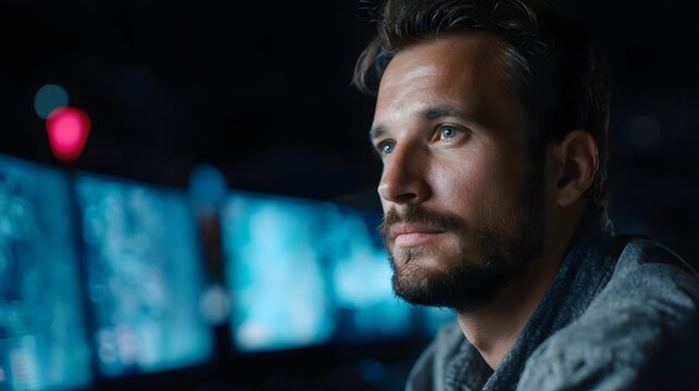 Logistics manager monitoring shipment tracking on multiple screens - Powered by Adobe