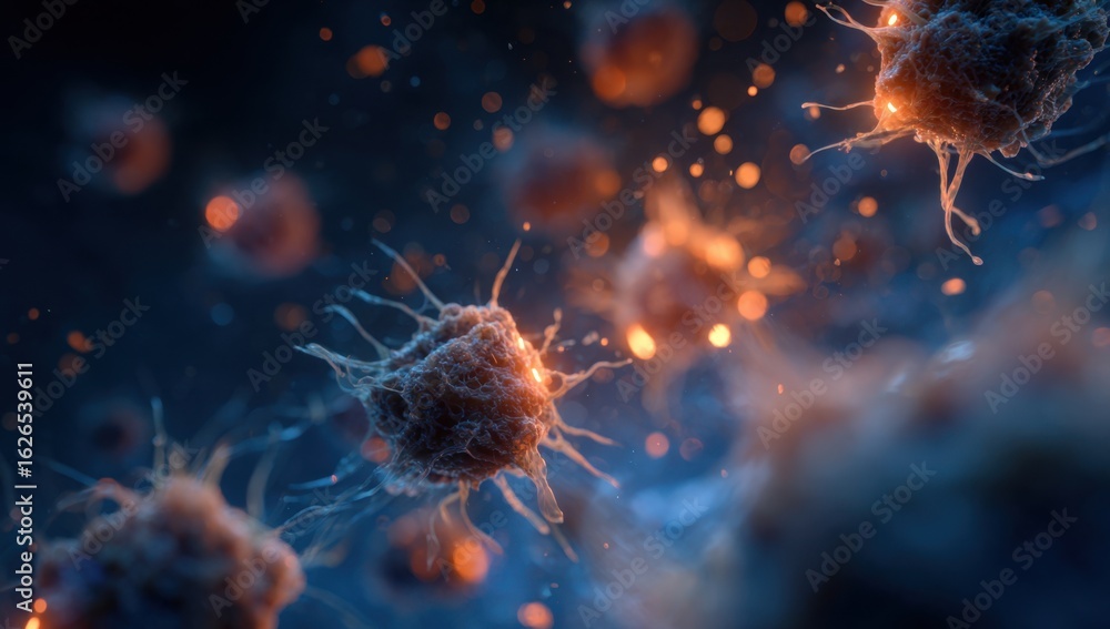 Poster microscopic view of cells with spiky projections floating in a dark, fluid environment, illuminated 