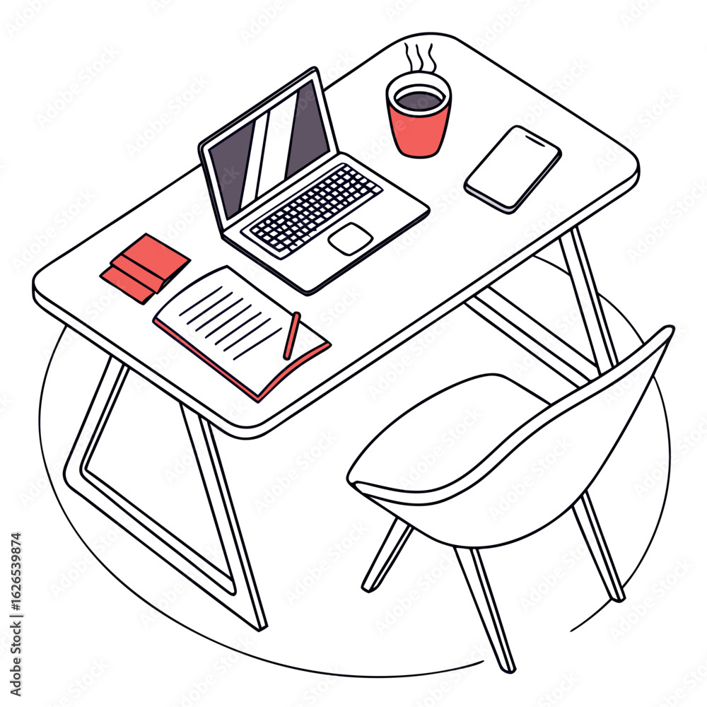 Aufkleber modern minimalist isometric desk setup with laptop notebook coffee and phone