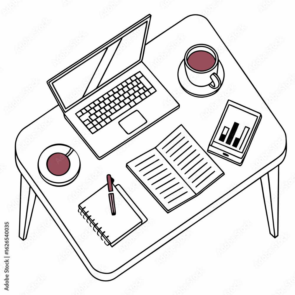 Aufkleber overhead view of a desk with a laptop tablet displaying charts an open notebook a pen and two cups o