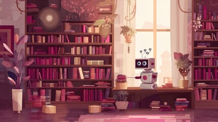A robot stacks books in a cozy library setting.