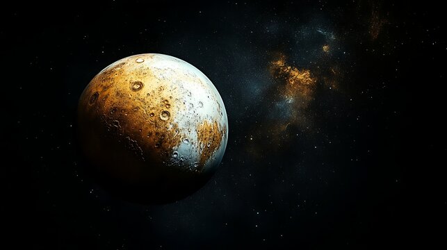 Isolated view of Pluto in space with detailed craters and bright coloration. Galactic dust glowing in background. Science and astronomy concept for Pluto Day